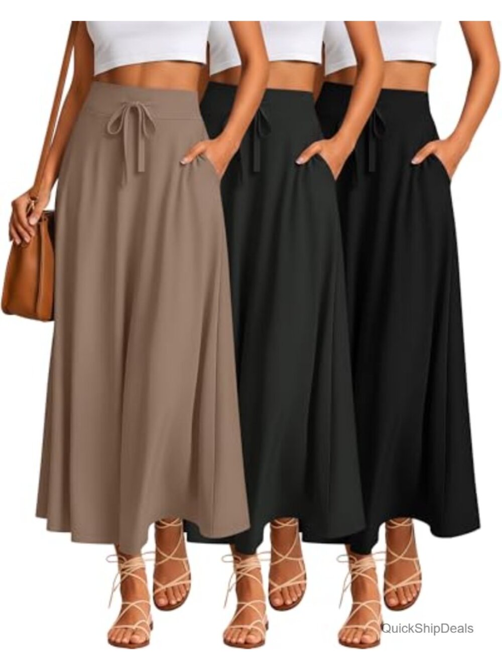3 Pack Women's Maxi Skirts with Pockets A-Line High Waist Flowy